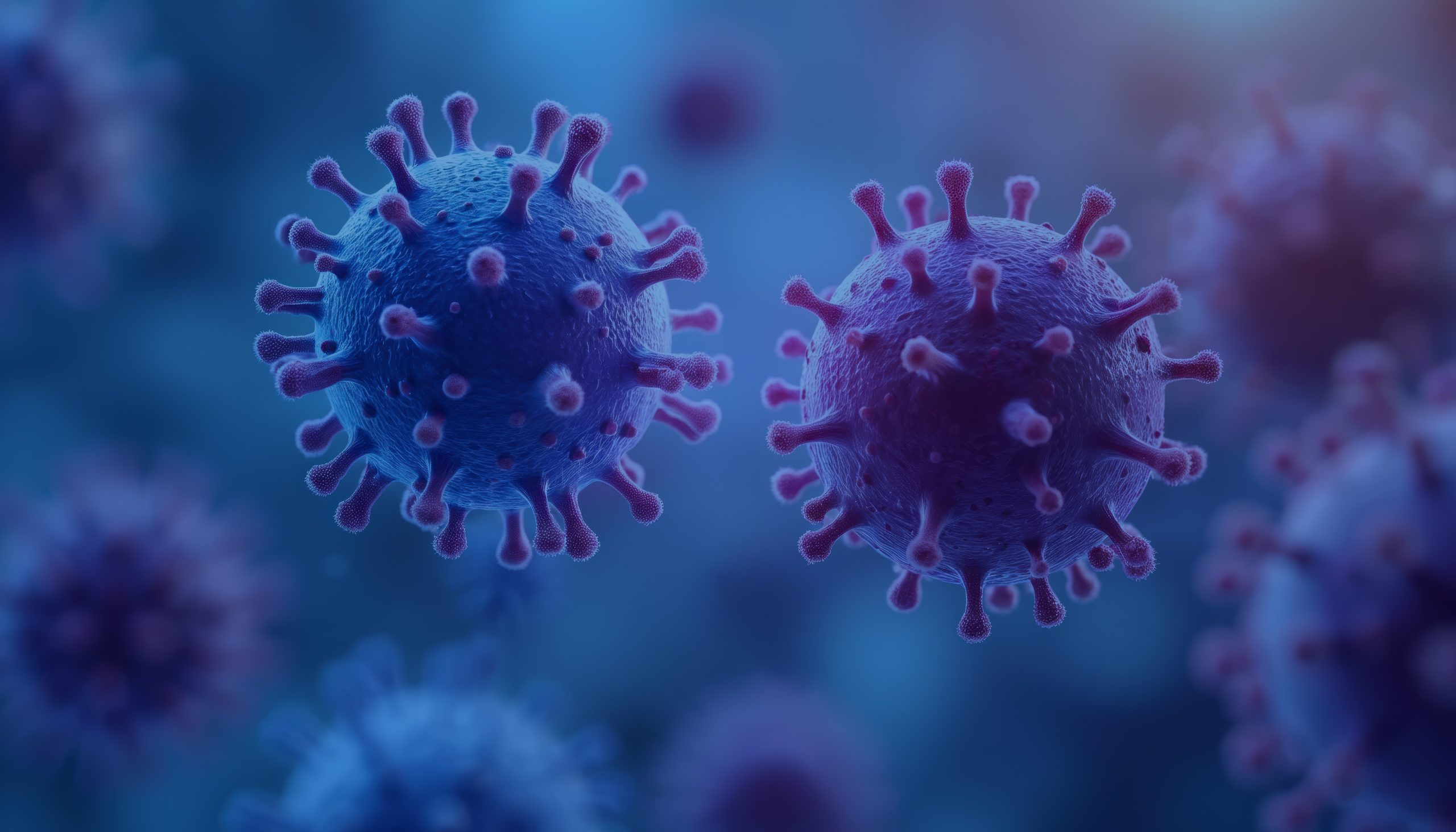 High-tech visualization of CAR T-cell therapy development in biotech lab. Microscopic view of virus-like cells in blue, pink hues. Represents advanced medical research, cell biology, fighting disease.