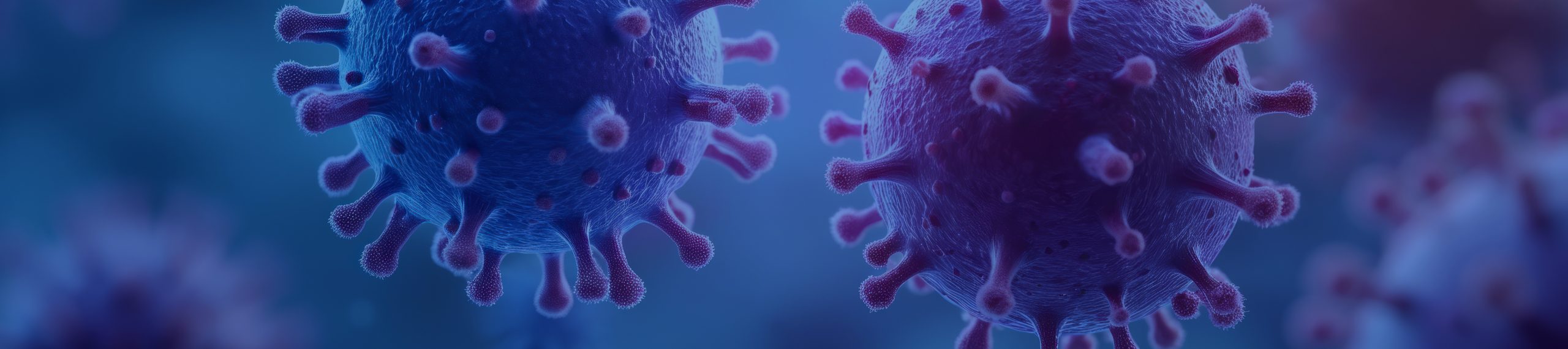 High-tech visualization of CAR T-cell therapy development in biotech lab. Microscopic view of virus-like cells in blue, pink hues. Represents advanced medical research, cell biology, fighting disease.